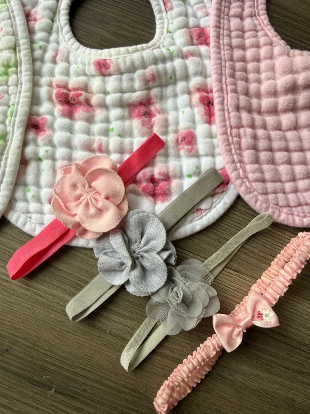 Baby Girl Quilted Bib Set with Pink and Floral Prints and 4 baby headbands